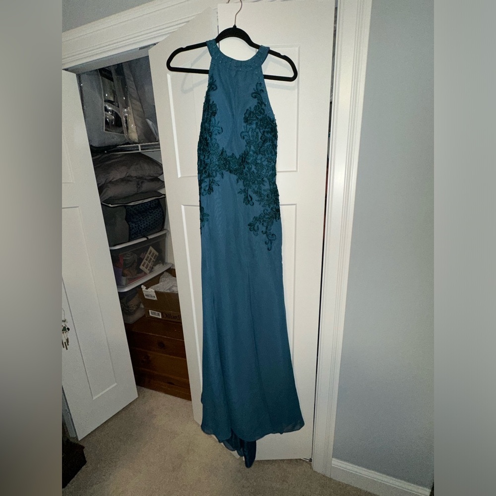 Elegant Teal Halter Gown with Floral Embroidery
